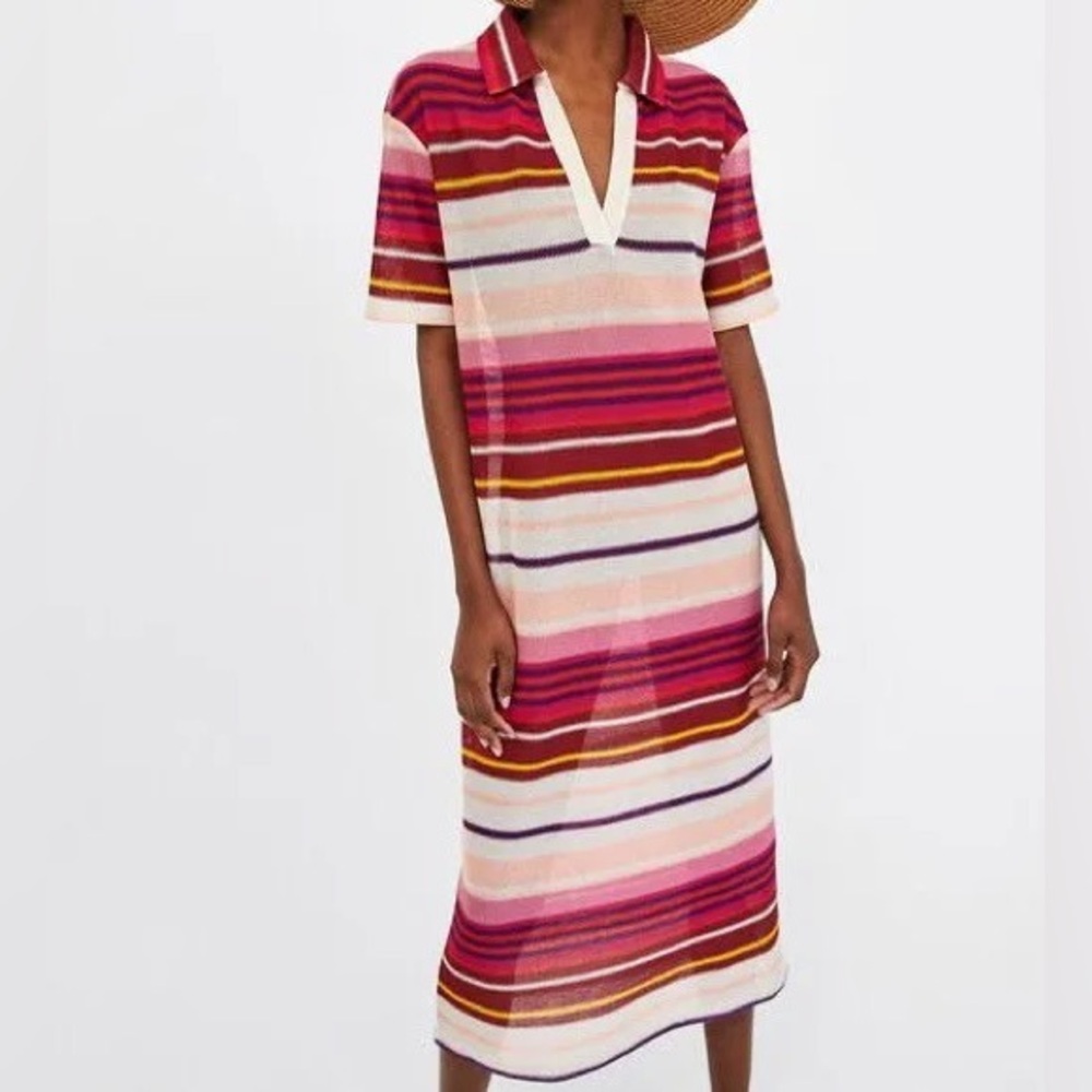Zara Striped Dress With Polo Collar Midi Size Medium Bloggers Fave